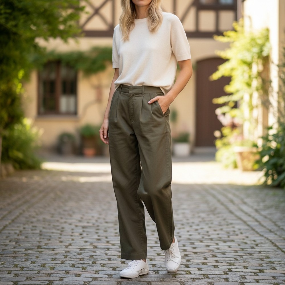 AE77 Trousers Women 0 Pleated Straight Leg Olive Green Pants Excellent
